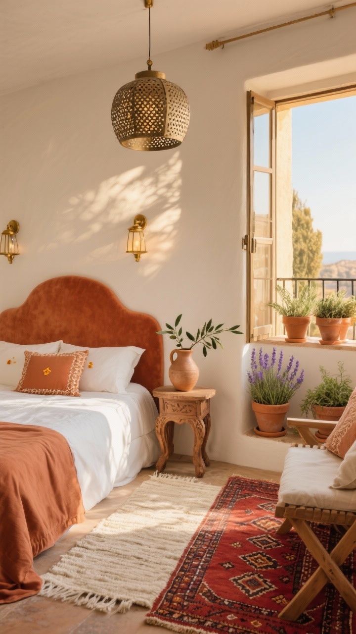 Photorealistic medium straight-on shot capturing a warm Mediterranean small bedroom with a balcony oasis at golden hour. Headboard wall in velvety terracotta with a curved plaster-look headboard detail. Bed styled with off-white percale sheets, clay-colored duvet, and embroidered pillows with tiny ochre motifs. Petite brass lantern sconces and a perforated metal pendant casting patterned shadows. Beside the bed: a carved wood side table holding a ceramic jug with olive branches. Underfoot: Moroccan-style flat-weave rug in ivory and rust. Through open doors to the balcony: clustered terracotta pots of rosemary, thyme, and lavender, a foldable acacia bench with linen cushions, and a sun-washed red patterned outdoor rug. Warm, romantic, sun-kissed lighting.