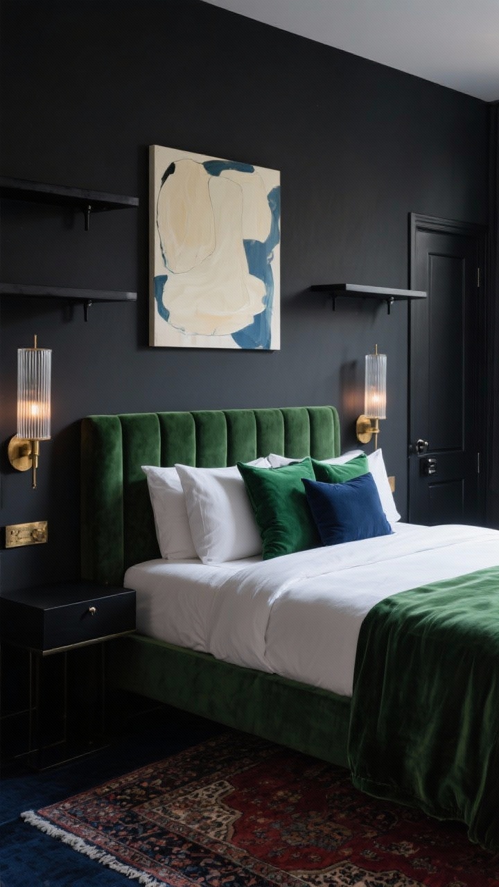 Photorealistic medium, straight-on view of a moody boutique suite bed wall: deep charcoal painted walls; a large upholstered bed in velvety moss green centered, layered with emerald and midnight blue pillows in front of crisp white shams. Skinny wall-mounted black shelves flanking the headboard in place of nightstands, each with a vertical ribbed-glass sconce with aged brass backplate glowing warmly. One large abstract artwork in cream and muted blues above the bed. Low-pile Persian-style rug in inky navy and oxblood peeking from under the bed, matte black hardware on visible door/closet pulls. Boutique hotel ambiance, subdued evening lighting.