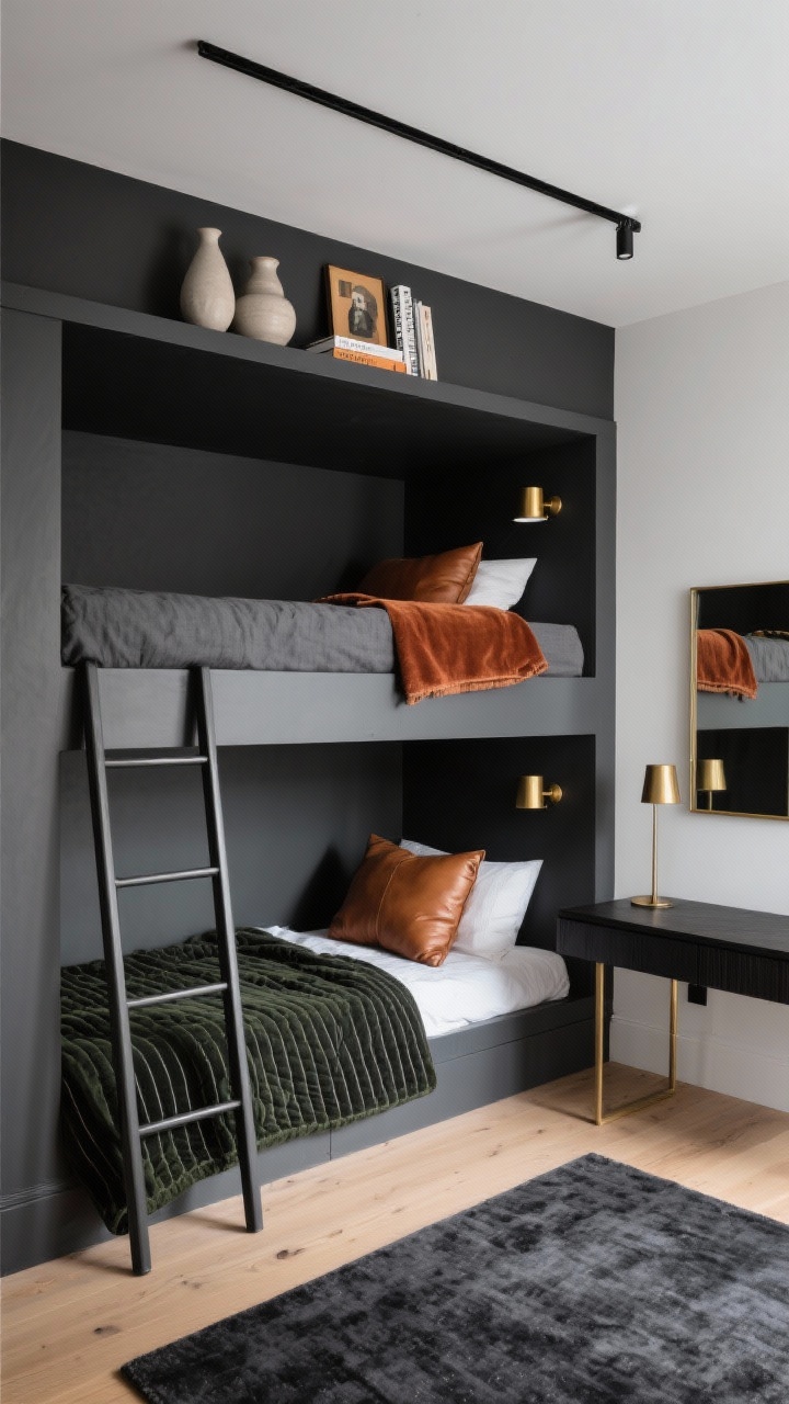 Photorealistic medium, straight-on view of a moody modern small bedroom niche with charcoal-painted built-in bunks featuring ultra-clean lines and a sculptural ladder; shallow ledge above holding sleek ceramic vases and a couple of art books. Lower bunk dressed in a plush dark olive quilt with black pinstripe sheets; upper bunk in slate linen with a rust velvet throw. Matching cognac leather lumbar pillows. Brass accents: flush-mounted brass reading sconces on each bunk’s back panel; thin black linear ceiling light overhead. Pale oak flooring with a low-profile charcoal rug. Opposite wall glimpse: floating black-wood desk with slim brass-edge mirror. Calm, boutique-hotel mood with controlled, soft directional lighting emphasizing the charcoal and brass.