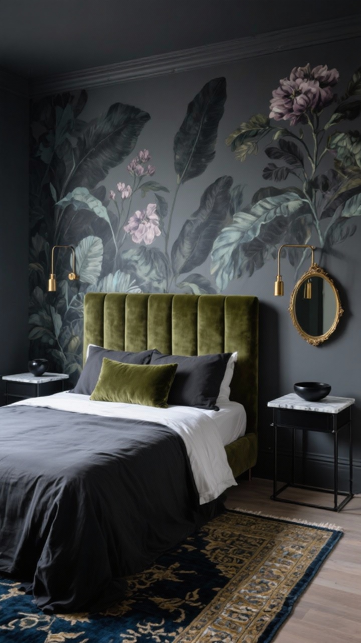Photorealistic medium-to-wide shot, moody lighting, straight-on: a compact bedroom featuring a dramatic botanical mural accent wall—charcoal ground with layered leaves and dusky painterly blooms. Plush upholstered headboard in moss velvet anchoring the scene, crisp percale sheets with a charcoal duvet and a moss velvet lumbar. Delicate black metal nightstands with marble tops on either side, styled with a black ceramic bowl and a petite brass-framed mirror on one side. Slim swing-arm sconces in antique brass aimed to spotlight the mural’s texture. Underfoot, a Persian-style runner in inky hues. Palette of charcoal, moss, smoky blue, antique gold; elegant, cozy, gallery-like atmosphere, no people.