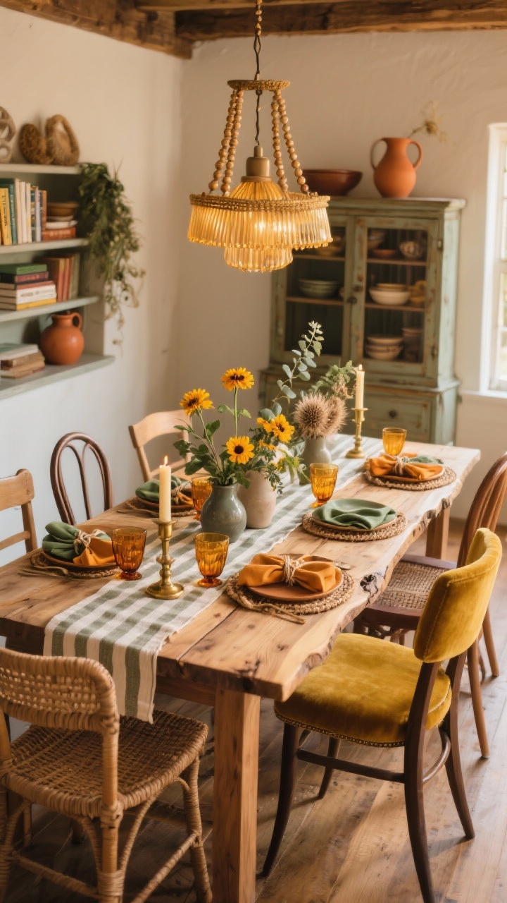 Photorealistic medium-wide dining room at golden hour: live-edge wood table centered with mismatched chairs—wicker, bentwood, and mustard velvet upholstered seats; warm wood beaded chandelier hanging above casting a honey glow; matte stoneware place settings in ochre and moss, linen napkins tied with twine, amber glassware; striped cotton runner with staggered bud vases filled with marigolds, eucalyptus, and dried thistle; woven placemats and brass candlesticks with beeswax tapers; a vintage hutch in the background styled with cookbooks and terracotta pitchers; colors of honey, mustard, moss, walnut, creamy white; straight-on perspective, cozy ambience.