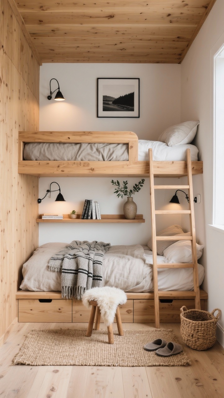 Photorealistic medium-wide shot of a Scandinavian cabin-style bunk nook in a tiny bedroom: honey-toned wood paneling wraps the compact room; a built-in matte oak bunk with softly rounded edges is recessed into a niche. Warm white walls, pale oak floor with a woven jute rug. Top bunk has a half-height matching wood safety rail; a gently angled wood ladder. Oatmeal linen duvets, gray wool throws with tiny black ticking stripes, chunky knit blanket accents; a small sheepskin throw draped over a stool. Two matte black swing-arm sconces with dimmers—one for each bunk—casting warm evening light. Deep under-bed drawers with soft-close hardware, a slim oak ledge shelf along the lower bunk holding a small plant and books. Minimal decor: a single framed black-and-white landscape above the ladder, a ceramic vase with eucalyptus on a floating shelf, and a woven basket for slippers. Calm, tactile, uncluttered Nordic mood.