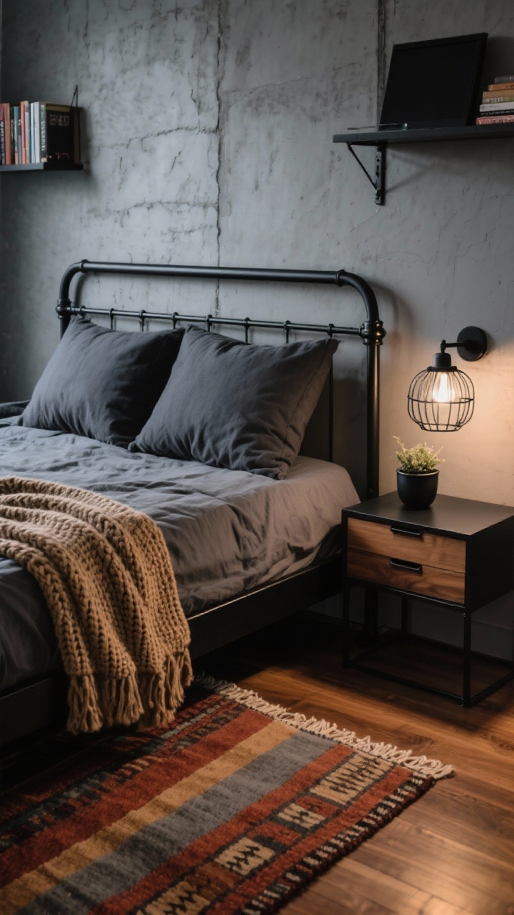 Photorealistic overhead/angled detail shot focusing on industrial textures at the bedside: charcoal linen headboard and black metal bed base with stone-gray sheets, chunky camel knit throw draped across, and two oversized charcoal euro pillows. Soft cement gray wall behind, hint of textured plaster panel. Narrow black metal nightstand with warm wood drawer holding minimal items; black cage sconce mounted on the wall casting directional light. Flatweave kilim rug beneath in earthy rust, gray, and camel stripes; warm walnut flooring visible at edges. Subtle glimpse of a wall-mounted black metal media shelf and a floating shelf with a matte black planter and a tight row of books. Urban, cozy, evening ambience.