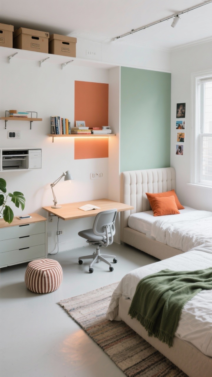 Photorealistic overhead/angled medium shot of a creative 10x10 sleep/work hybrid: crisp white walls with color-blocked zones—muted terracotta rectangle behind a wall-mounted drop-leaf desk, soft sage panel behind a corner-positioned full-size bed with a channel-tufted headboard running along both walls (daybed vibe). A wall shelf above the headboard holds books and a small reading light with warm LED strip lights under the shelf. Desk area features a slim ergonomic chair, articulated task lamp, and track shelving to the ceiling with labeled boxes. Closet hack visible with a partially open pull-out printer shelf and charging station. A slim dresser with a gallery ledge on the wall opposite the bed displays rotating prints/postcards. Low-profile rug under the bed, bare floor in the desk zone for rolling chair. Accents: terracotta cushions, sage throw, striped pouf, and a leafy plant near the window. Bright, efficient studio feel.
