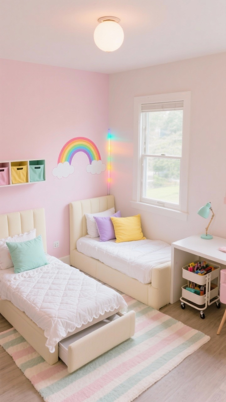 Photorealistic overhead/angled medium shot of a Pastel Pop Playhouse corner: two convertible daybeds with trundles arranged in an L-shape—upholstered bench-style backs in buttercream/oatmeal neutral—one along the long wall, one under the window. One accent wall in very pale blush featuring a cheerful rainbow arch decal tucked behind the daybed corner. Crisp white quilts, scalloped-edge shams, and pastel pillows in mint, lilac, and sunny yellow. A striped cotton rug in soft pastels anchors the floor. Along the remaining wall, a low cube shelf with fabric bins (each sister a different color) and a rolling craft cart tucked under the desk area. Lighting: globe flush mount on the ceiling, matching pastel task lamps, subtle color-changing strip light glowing behind the daybed backs. Bright, tidy, playful mood, no people.