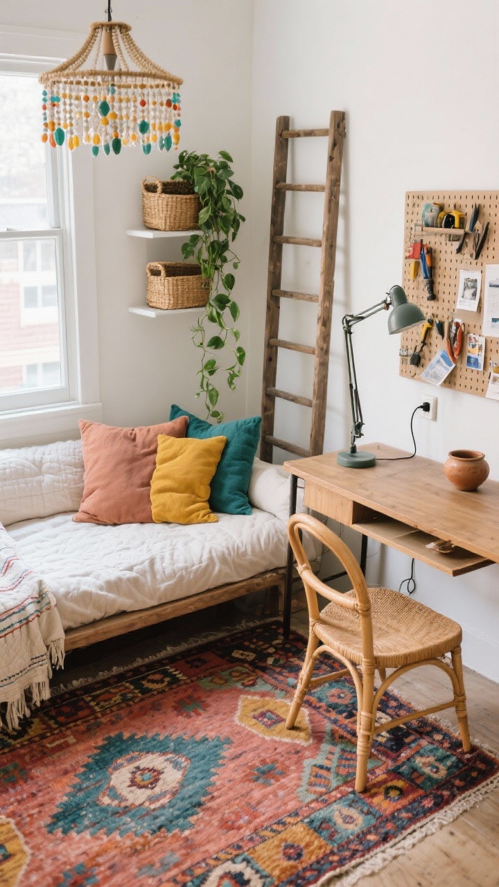 Photorealistic overhead detail shot, boho daybed studio: linen-upholstered daybed under a window layered with a light quilt and mixed pillows in clay, saffron, and teal; colorful kilim rug grounding the center; opposite wall shows a folding drop-down wall desk partially open with a bentwood rattan chair; narrow ladder shelf with woven lidded baskets; pegboard with tools and inspiration clippings; trailing pothos draping from a shelf; hand-thrown ceramic catchall on the desk surface; lighting from a plug-in swing-arm sconce over the desk and a beaded chandelier adding playful texture. Flexible, artsy, guest-ready vibe, rich patterns and tactile materials. No people.