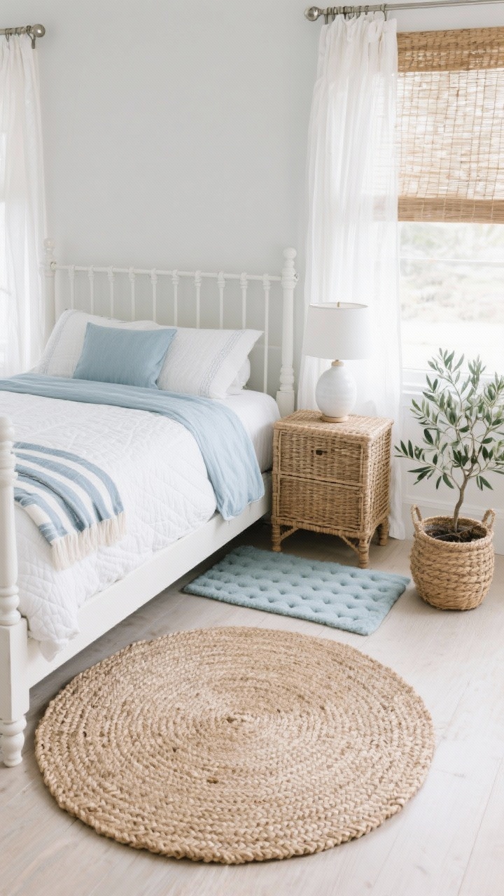 Photorealistic overhead detail shot, Coastal Calm With Texture. A 6-foot round braided jute rug centered under a full/queen bed with edges peeking out evenly. On one side, a small tufted cotton accent rug in pale blue layered as a landing pad. Visible white-painted wood bed with spindle headboard, white quilt, pale blue chambray sheets, and a striped throw at the foot. Beside the bed: woven rattan nightstand with a simple white ceramic lamp. White gauzy curtains and woven wood shades filtering soft daylight. Desaturated coastal photography on wall edge, brushed nickel hardware glint, and a woven basket holding a potted olive tree. Breezy, airy, beach-house textures emphasized.