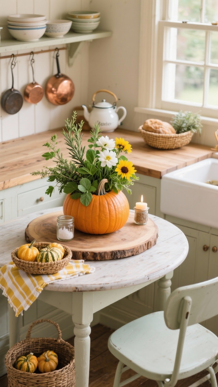 Photorealistic overhead detail shot, cozy cottage kitchen corner tabletop: butcher block counter adjacent to a petite bistro table by a window; centerpiece is a medium pumpkin “planter” packed with fresh herbs—rosemary, thyme, sage, basil—plus white lisianthus and marigolds for butter-yellow pops; arrangement set on a round wood board with a small salt cellar and a candle in a jam jar; nearby a wicker bowl with mini gourds and a casually tossed striped tea towel; hints of open shelves with stacked bowls, peg rail with copper pans, enamel teapot, woven bread basket; palette of cream, honey wood, leafy green, butter yellow; textures of cotton checks, enamelware, stoneware, wicker; bright natural window light enhancing freshness and practicality.