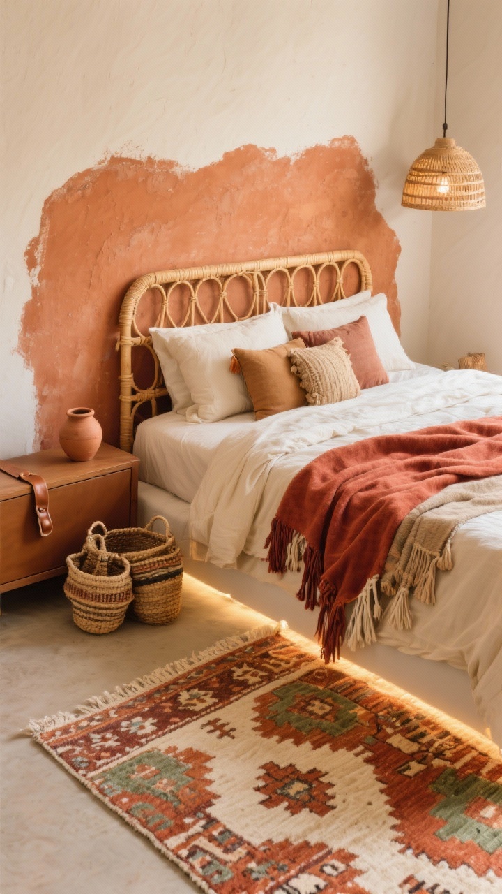 Photorealistic overhead detail shot, “Desert Boho Chic” layered textiles and color. Focus on a terracotta hand-troweled/color-washed accent wall edge meeting creamy bedding with a cotton-linen duvet. A cane/rattan headboard partially in frame, rust-colored throw folded across the foot, mix of tassel and lumbar pillows in natural tones. Below, a patterned kilim-style rug in terracotta, sand, cream, and a touch of sage peeks out. Nearby decor: small clay pot and woven basket cluster; narrow dresser with leather pulls hinted at the edge. Lighting suggests a rattan pendant glow and a soft under-bed hidden LED strip wash. Sun-washed, warm, collected, no people.