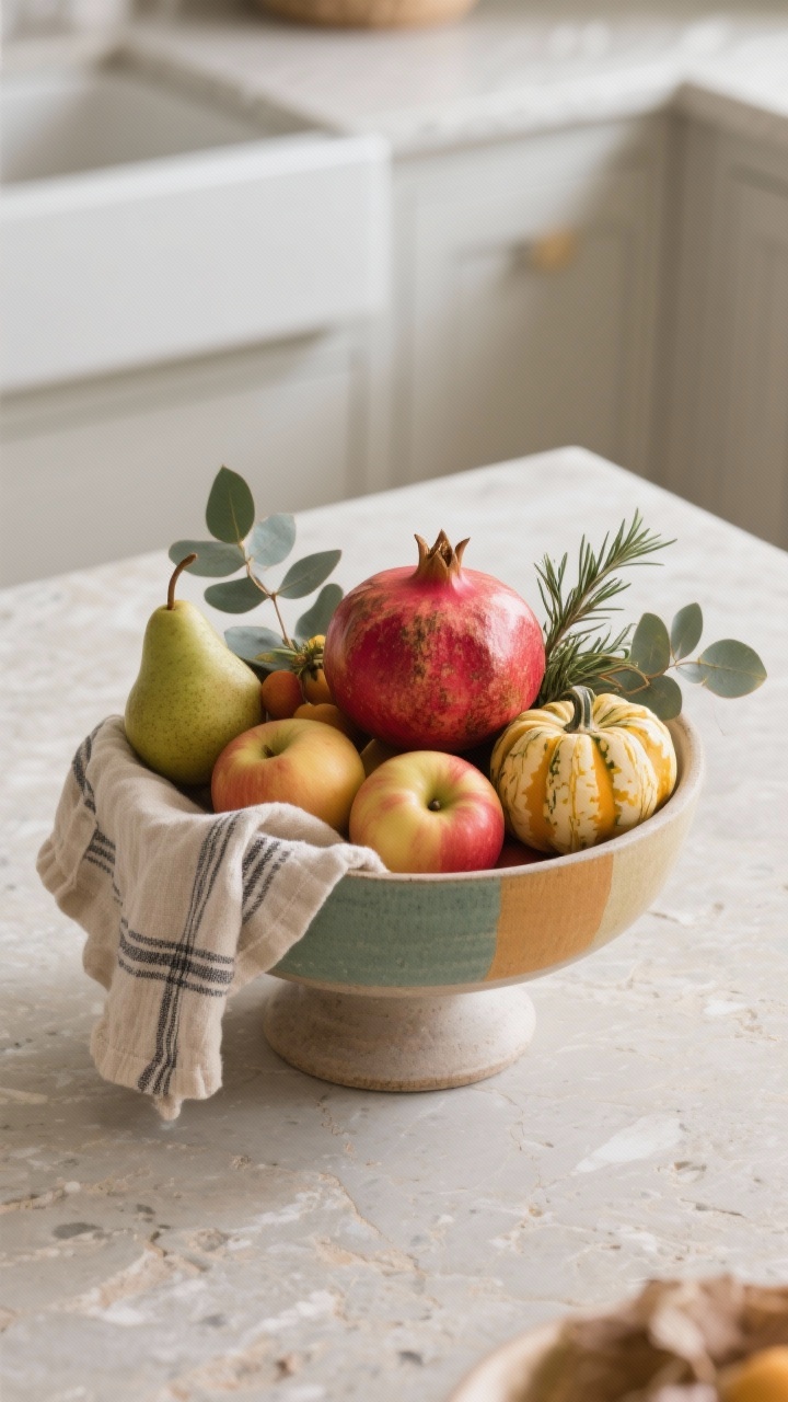 Photorealistic overhead detail shot of a seasonal produce centerpiece: a footed bowl lined with a natural tea towel, filled with color-blocked pomegranates (deep red), pears (soft green), apples (golden/red), and mini squashes (butter yellow/striped), with eucalyptus sprigs and a few rosemary stems tucked in for scent and movement. Neutral stone countertop, soft diffused daylight, crisp textures and vibrant yet natural colors.