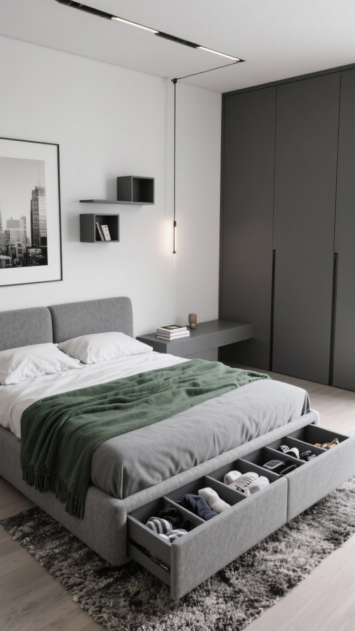 Photorealistic overhead detail shot of Sleek City Minimal setup: slim upholstered storage bed in soft gray with neatly organized drawer dividers partially pulled out showing socks and accessories; wall-mounted cube shelves acting as floating nightstands with a single book and small object; palette of charcoal, stone, and white with one deep green throw folded on the bed; textured wool rug underfoot; modular wardrobe with sliding doors matching wall tone in background; low-profile media ledge with one oversized print leaning; linear wall lights beside the bed and a slim ceiling track light casting clean, directional illumination. Minimal, monochrome, tidy, multi-functional vibe.