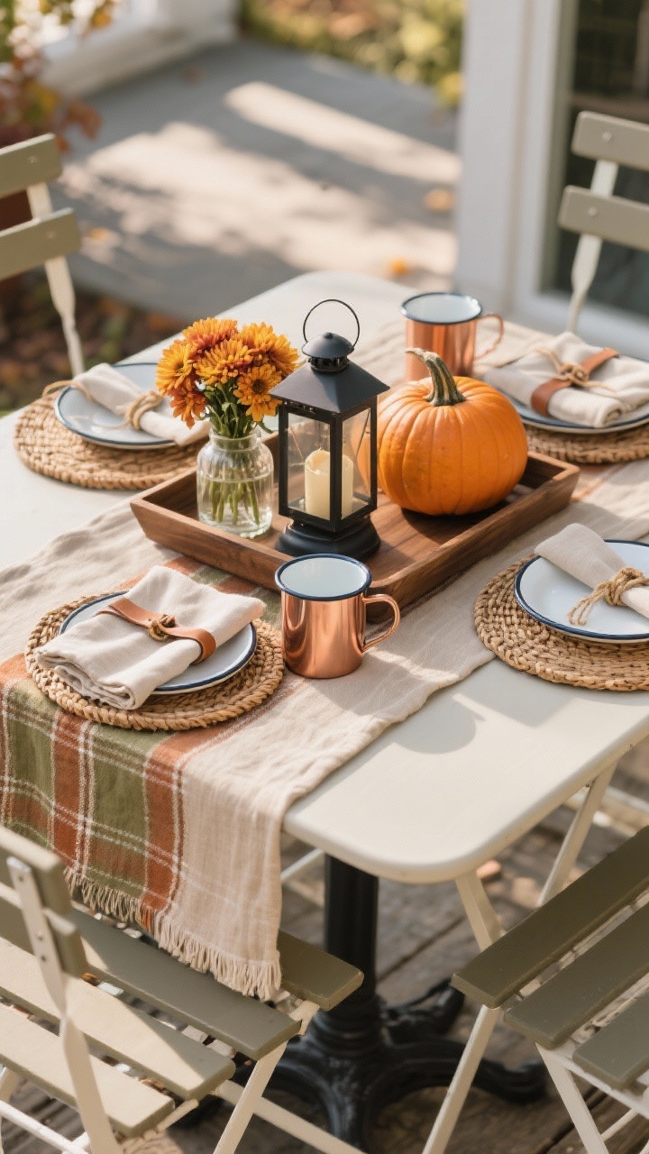 Photorealistic overhead shot of a small bistro table styled for fall: a plaid or linen runner in neutrals with hints of rust or olive as the base; a wood tray centerpiece holding a small lantern, a mini vase of mums, and a single pumpkin; finishing touches include copper mugs, woven chargers, and napkins wrapped with simple leather or twine rings. Outdoor-safe dishware like melamine or enamelware to imply weather resistance. Soft morning light with gentle shadows.