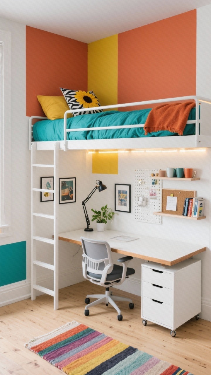Photorealistic overhead/three-quarter wide shot of a creative studio bunk with desk-under setup: white walls with bold color-blocked panels in terracotta, teal, and a hit of sunflower yellow behind the workspace and ladder side. Loft-height white metal bunk with slim profile; LED strip under the guardrail creating ambient glow. Under the loft, a floating white desk with thin oak edge, comfortable task chair, and a magnetic organizer board; wall-mounted pegboard with cups and shelves; a narrow book ledge. A shallow rolling drawer unit tucked under the desk. Bedding on the upper bunk: solid teal duvet with a terracotta throw and a graphic cushion tying the palette. Light maple laminate flooring with a small colorful flat-weave rug echoing the color blocks. Adjustable clamp lamp clipped under the loft; a couple of framed prints, a plant on a wall shelf, and a small cork panel for notes. Energetic yet tidy, studio-like vibe.