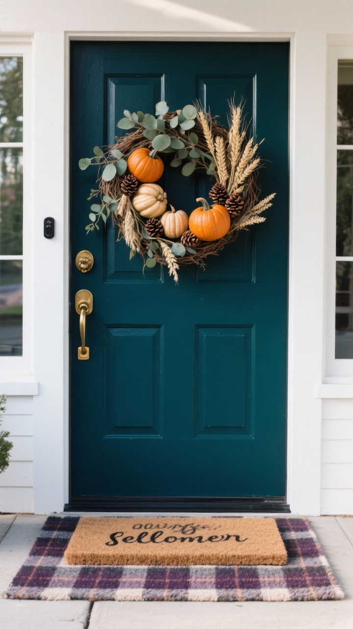 Photorealistic straight-on medium shot of a bold-colored front door (deep navy or emerald) styled for fall: a textured wreath made of dried eucalyptus, wheat, mini pinecones, and a few velvet pumpkins tucked in; layered mats with a plaid outdoor rug beneath a coir doormat with a playful seasonal phrase; upgraded hardware in polished brass or matte black (door knocker and handle). Color story leans moody plums, forest greens, and brass accents, with the wreath in contrasting neutrals to balance the bold door. Soft daylight, clean curbside context, no people.