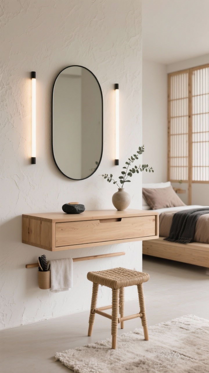 Photorealistic straight-on medium shot of a Japandi cube vanity: cube-shaped floating vanity in light ash wood, 18 inches deep, push-to-open single drawer; warm white plaster-textured wall; tall pill-shaped mirror with thin matte black frame; vertical LED light bars on either side for even, shadow-free illumination; low backless woven-cord stool slid flush beneath; storage rail below for a hanging face towel/hair tool caddy; decor: single sculptural ceramic bud vase, black stone catchall, one eucalyptus branch; glimpse of serene room elements: low platform bed with taupe linen and precisely folded charcoal throw, pale wool rug, slatted wood screen in the background; neutral, balanced, minimal mood; clean natural light with controlled LEDs; no people.
