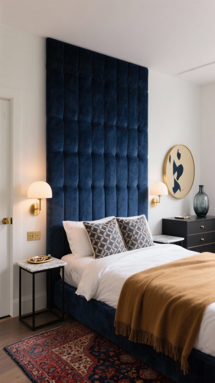 Photorealistic straight-on medium shot of a moody micro-lux bedroom with a single inky navy accent wall behind the bed and the remaining walls in soft warm white. A tall channel-tufted velvet headboard in deep blue anchors the scene; crisp white sheets, camel-colored throw, and two euro pillows with a subtle geometric pattern. Slim black metal nightstands with marble tops add glam; brass plug-in sconces with dome shades flank the bed, dimmed for a warm glow. A low-pile Persian-style rug in muted reds and blues adds character; a round brass mirror above a dresser reflects the navy wall. Include a small cream-and-ink abstract print near the door and a sleek tray with jewelry beside a single smoky glass vase. Mood: compact sophistication, dramatic yet controlled.