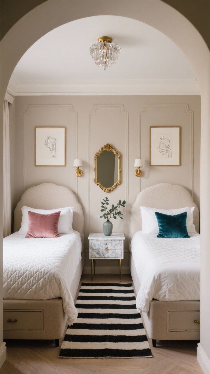 Photorealistic straight-on medium shot of a Parisian Twin Nook: two slim twin beds in perfect symmetry with arched headboards and built-in under-bed drawers, separated by a shared marble-topped nightstand holding a petite vase with eucalyptus. Walls in warm greige with peel-and-stick picture molding framing each bed; mini brass gallery lights above each framed area and wall sconces over each headboard. Bedding is crisp: white percale sheets, quilted coverlets, single velvet lumbar pillow per bed—one dusty rose, one deep teal. A black-and-ivory striped rug runs under both beds, visually widening the room. In the background, a narrow dresser opposite the beds with a vintage gold mirror above it, plus framed line drawings over each headboard. Petite crystal flush mount on the ceiling, refined Parisian charm, evenly lit, no people.