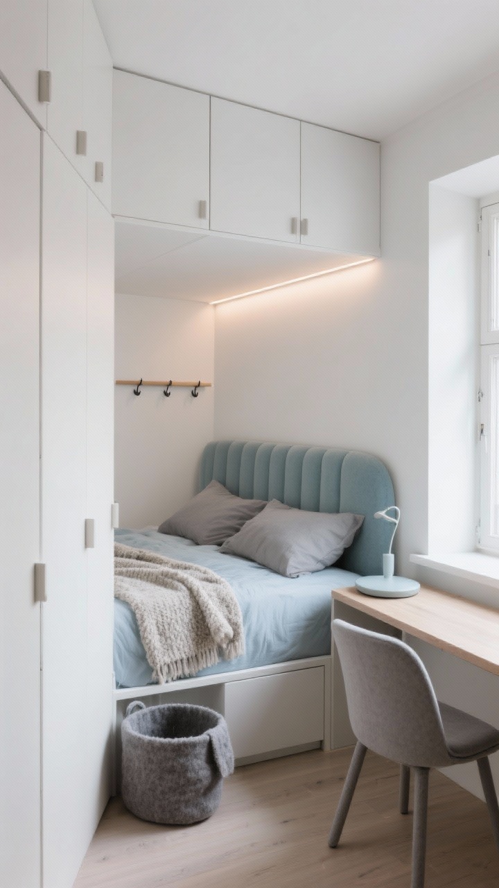 Photorealistic straight-on medium shot of a Scandinavian studio nook built-in bed surround: wall-to-wall matte white cabinetry with finger pulls framing a niche; curved, upholstered headboard tucked into the niche; integrated LED strip under cabinets creating a soft, glowy headboard light; bedding in dove gray and powder blue; one rounded-edge nightstand; drop-leaf wall desk under a window nearby; lift-up storage bed (closed); peg rail with hooks behind the door. Add cozy textures: bouclé throw on the bed, felt storage basket under the desk, small curved-back accent chair that tucks under. Bright, even daylight, clean and seamless look.