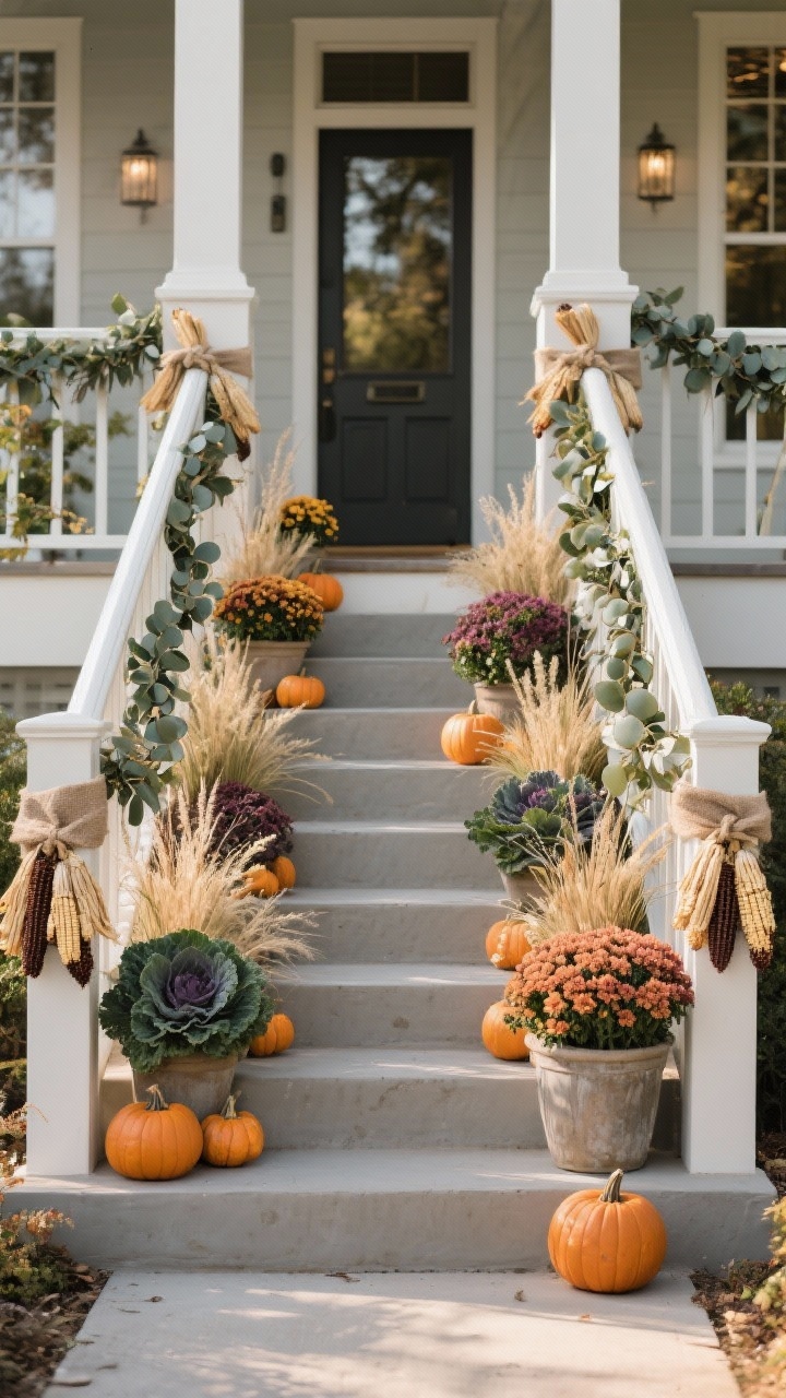 Photorealistic straight-on medium shot of front steps and railings styled with symmetry and polish: tall planters anchoring each side of the top step filled with mums, ornamental kale, and grasses for height; spillers like trailing ivy or creeping Jenny softening edges and cascading toward a few pumpkins arranged along the steps. Railings wrapped with eucalyptus garland or neatly tied corn husks using burlap ribbon. Clear, safe walking path visible between decor elements. Soft late-afternoon light emphasizes textures.