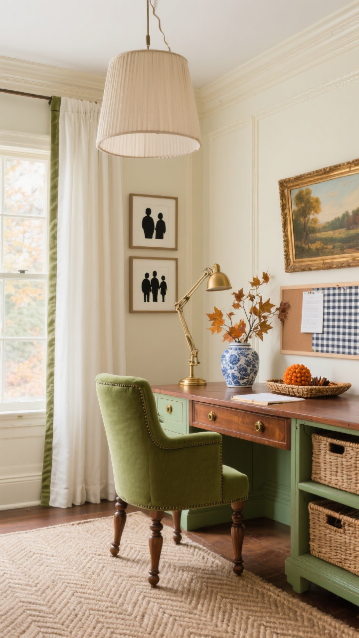 Photorealistic straight-on wide shot of a Harvest-Calm Traditional With a Twist office: buttercream walls with picture-frame molding, mahogany writing desk with turned legs, moss-green upholstered chair with tight back. Herringbone jute rug on a felt pad, ivory curtain panels trimmed in olive tape flanking a window. Lighting: pleated fabric drum pendant overhead and a brass swing-arm lamp mounted beside the desk. Storage: painted sage green credenza with antique brass pulls, woven bins tucked inside. Decor styled: blue-and-white ginger jar filled with maple branches, woven tray with clove-orange pomander, framed black family silhouettes. Add a gingham pinboard and a gilded-frame landscape oil reproduction. Soft, calm, autumnal light.