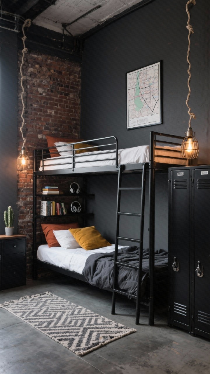 Photorealistic straight-on wide shot of an urban loft-style small bedroom: moody charcoal gray walls with one exposed brick accent wall. A black powder-coated metal bunk bed with a slim, architectural profile; the lower bunk sits extra low, the upper bunk has mesh metal guardrails. A vertical minimalist side-mounted ladder to save floor space. Edison bulb cage pendants with cloth-wrapped cords draped casually on either side, glowing warmly against the dark walls. Bedding is crisp white sheets with charcoal duvets and pops of rust and mustard throw pillows. Matte black metal locker-style cabinet for storage, floating shelves with industrial brackets holding books, headphones, and a small cactus. Concrete-look vinyl floor softened by a low-pile geometric rug. A framed subway map adds a city vibe; dramatic, compact, gritty-cool atmosphere.