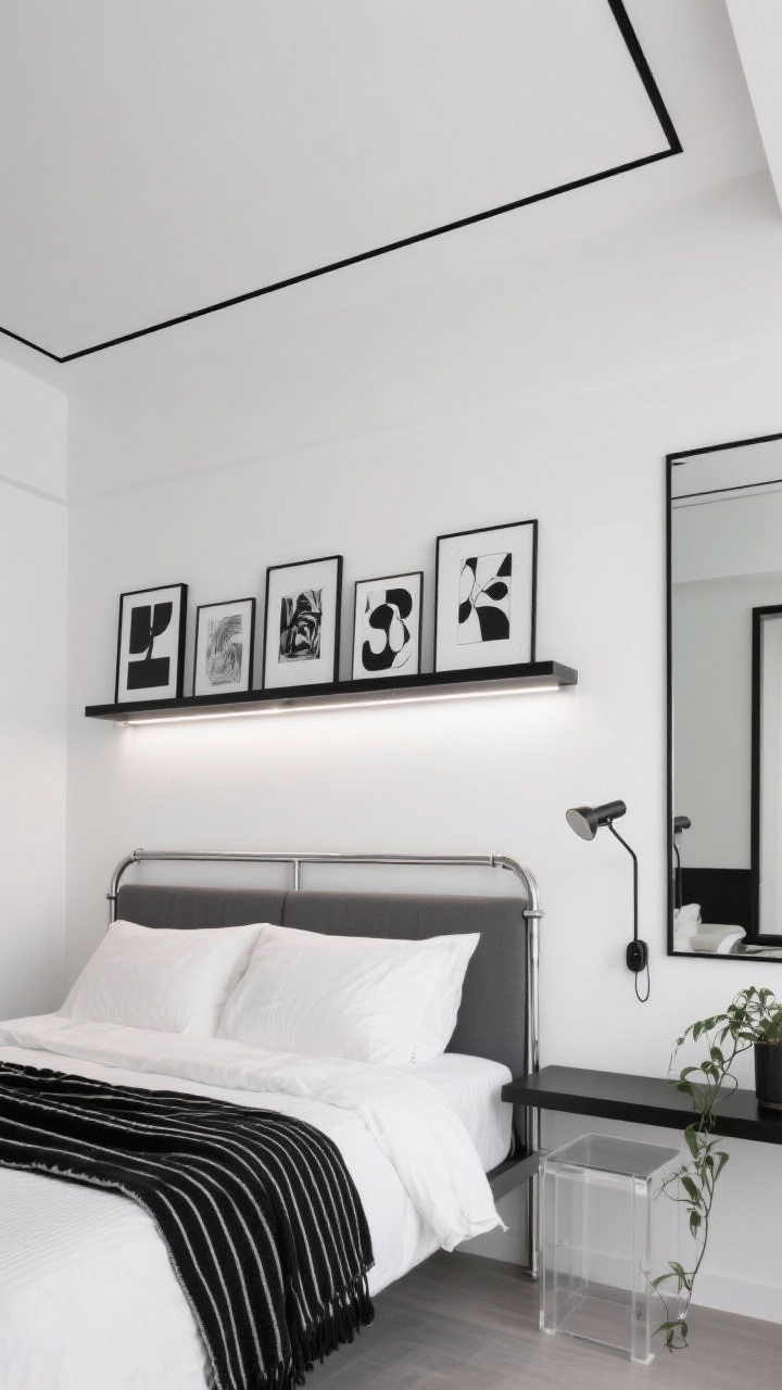 Photorealistic straight-on wide shot, “Urban Monochrome” bedroom. Matte white walls with a thin black ceiling trim frame outlining the perimeter like tailored piping. Sleek metal-frame bed with a charcoal headboard, white bedding topped by a single black striped throw. A long, low floating black shelf spans the wall, displaying a curated lineup of black-and-white abstract prints. Lighting: linear LED grazing the shelf, a pivoting reading sconce beside the bed, slim track lighting washing the artwork wall. A full-height mirror with a black steel frame on one side to bounce light; acrylic side table keeps the scene airy; hint of a single trailing plant softening the lines. Crisp, graphic, modern, no people.