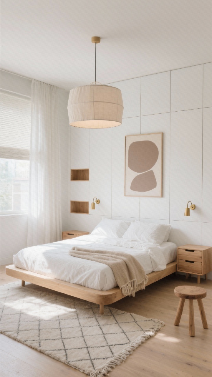 Photorealistic wide bedroom shot in a Nordic Nest style: matte warm white walls, low-profile light natural oak platform bed with rounded corners, stonewashed ivory linen bedding and a single sandy textured throw; symmetrical layout with slim floating oak nightstands each with a narrow drawer, matching brushed-brass articulating sconce lights mounted slightly above eye level; a large linen drum pendant overhead casting a soft diffuse glow; sheer off-white curtains layered over hidden blackout roller shades; a wall of flush, handleless white wardrobes with an oak display niche; one oversized minimal abstract art in muted taupe; flat-woven wool rug with a subtle soft diamond pattern sliding under the bed to visually widen the room; small wooden stool near the wardrobes; sunlit, airy, clutter-free, photographed from a corner angle to emphasize openness.