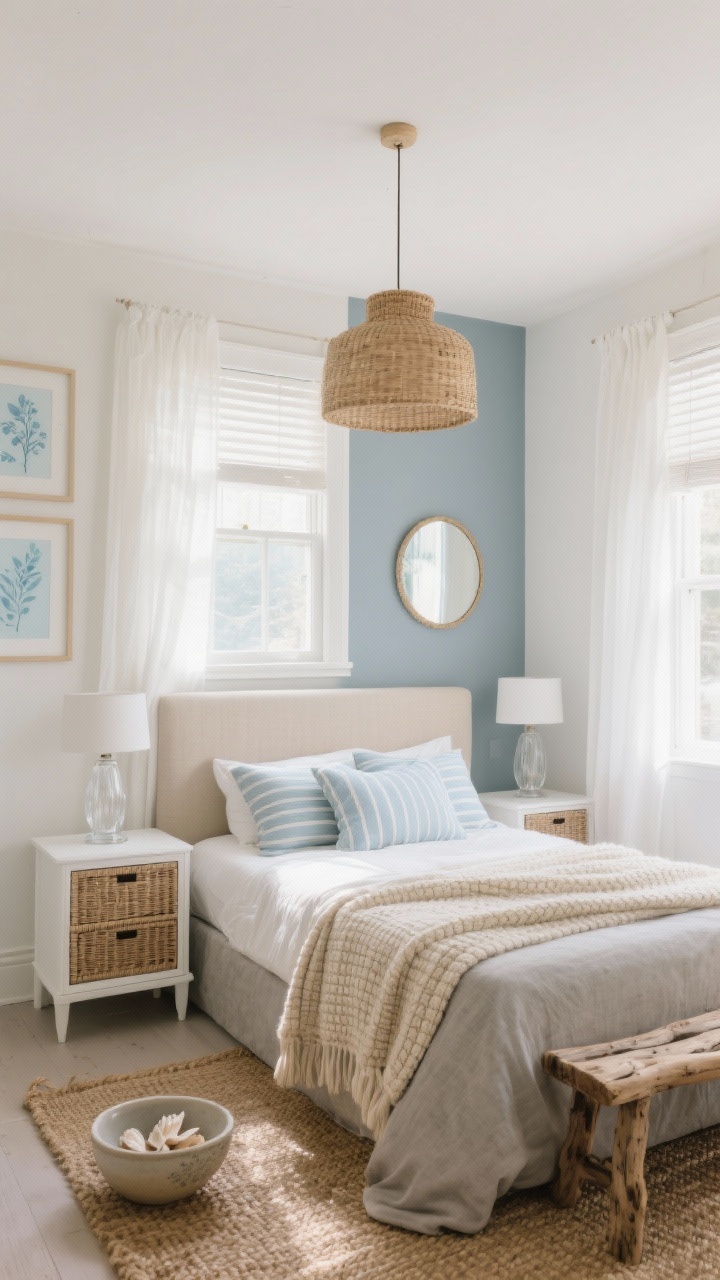 Photorealistic wide bedroom shot in a small space, airy coastal style. Warm soft white walls with a faint cream undertone, ceiling a whisper paler than the walls to blur edges, misty blue-gray accent on the headboard wall. Matte white window trim framing sunlit windows with gauzy white curtains layered over light-filtering blinds. Low-profile oatmeal linen upholstered headboard, slim white nightstands with woven rattan drawer fronts, petite driftwood bench at the foot. Sandy beige textiles: waffle-knit throw, striped coastal pillows in pale blue and beige on stone-colored bedding. Rattan pendant centered above the bed, clear-glass table lamps on nightstands to keep sightlines open. Decor includes framed soft blue botanical prints, jute rug, ceramic bowl with seashells, round mirror reflecting light. Soft morning coastal light, clean, breezy, textural, no people.