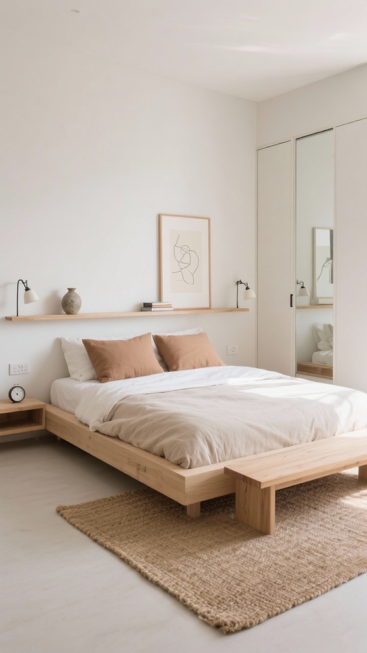 Photorealistic wide bedroom shot in Japandi style: a low-profile pale oak platform bed with a thin, floating headboard shelf instead of nightstands; warm white, sand, and oat palette with linen duvet and oversized muted clay pillows; flat-woven jute rug sliding just under the bed; narrow bench at the foot; shallow sliding-door wardrobe with mirrored fronts reflecting light; plug-in sconce swing arms above each side of the bed; minimal art—a single line-drawing print centered above the headboard; shelves styled with a small ceramic vase, tiny stack of books, and a pebble-shaped alarm clock. Soft natural daylight, airy and serene mood, low eye-line to emphasize taller ceiling, straight-on view.