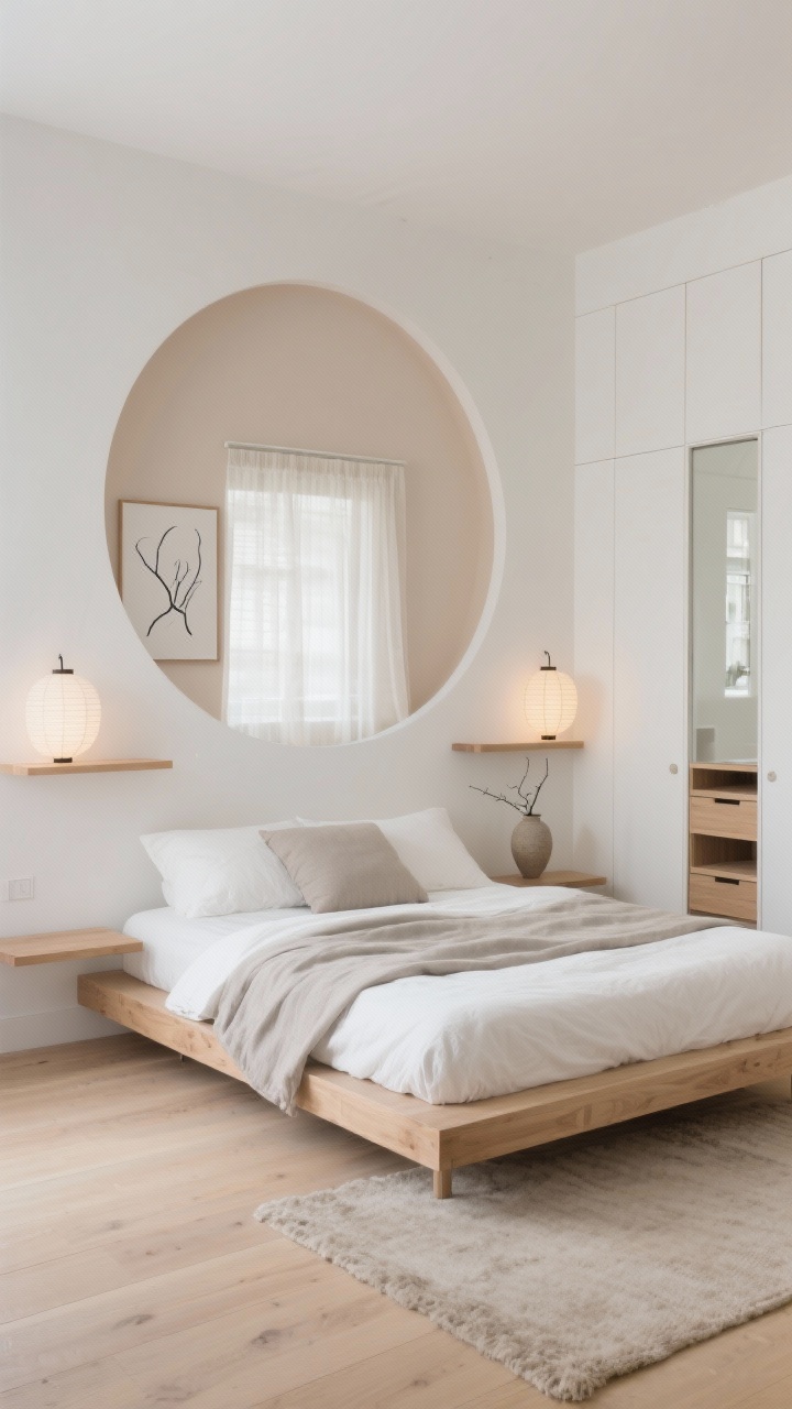 Photorealistic wide bedroom shot, Japandi Cloud Calm. Palette of soft white, warm beige, misty gray with pale oak wood. Low-profile pale oak platform bed centered, dressed in stone-washed linen: cloud white sheets, greige duvet, single long lumbar pillow. No headboard; a rounded half-moon arch painted in warm putty behind the bed as a visual headboard. Two slender floating night shelves instead of nightstands, flanking the bed. Delicate paper lantern sconces above each shelf emitting soft diffused glow, no harsh glare. Shallow wall-to-wall white oak wardrobe with slab doors on one side; hint of interior pull-out trays and mirrored interior panel visible via open door. Pale wood flooring with a low-pile oatmeal wool rug just peeking around the bed. Window with layered sheer linen panels and hidden blackout roller. Minimal decor: one oversized black-and-white line drawing and a single ceramic vase with a branch. Mood: weightless tranquility, matte tactile finishes, airy and uncluttered. Straight-on perspective, soft natural morning light.