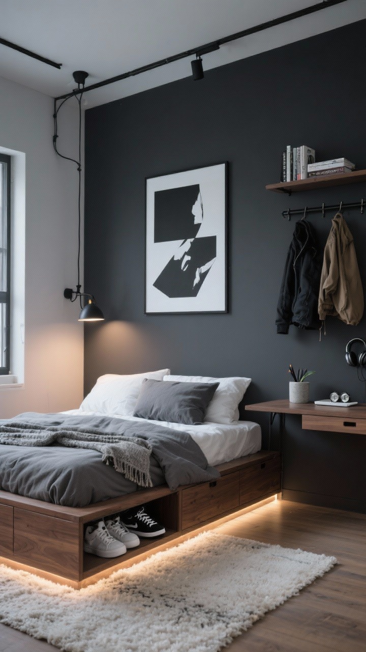 Photorealistic wide bedroom shot, moody modern loft style: charcoal-painted walls, a warm walnut low platform bed with built-in drawers slightly open showing hoodies and sneakers, crisp white oversized black-and-white graphic print centered above the bed, stone-gray linen duvet with a nubby throw, an off-white high-pile micro rug grounding the floor, matte black swing-arm wall sconce as main bedside light, soft LED strip glow under the bed platform, slim wall-mounted fold-down desk on one side with vertical floating shelves holding books and headphones, a slim wall hook rail with a couple of jackets, minimal accessories (concrete pen cup, small plant in white pot, tray for watches). Angle from room corner, evening ambient lighting with accent LED underglow, clean lines, no clutter.