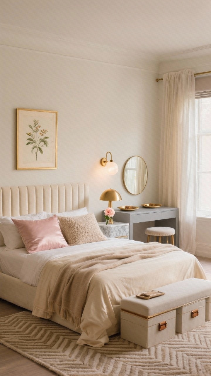 Photorealistic wide bedroom shot, Soft Parisian Neutrals With a Glam Twist: warm ivory walls; low-profile bed with a creamy velvet channel-seam headboard; bedding layered with a champagne linen duvet, a folded cashmere throw at the foot, two standout pillows (one blush satin, one textured boucle); petite marble-topped nightstand holding a brass mushroom lamp and a tiny bud vase with a single ranunculus; slim gilded gallery frame with a vintage botanical print above the bed; across from the bed, a soft-gray slim console doubling as a vanity with a round ribbed-edge mirror and a petite stool tucked underneath; sheer linen curtains that lightly puddle over a pale blackout roller; wall-to-wall flatweave herringbone rug; brass sconce above the console and a delicate semi-flush fixture with frosted globes; trio of small trinket trays on the console; underbed linen storage boxes with leather pulls just visible. Soft, layered evening lighting, airy and refined, no people, corner angle.