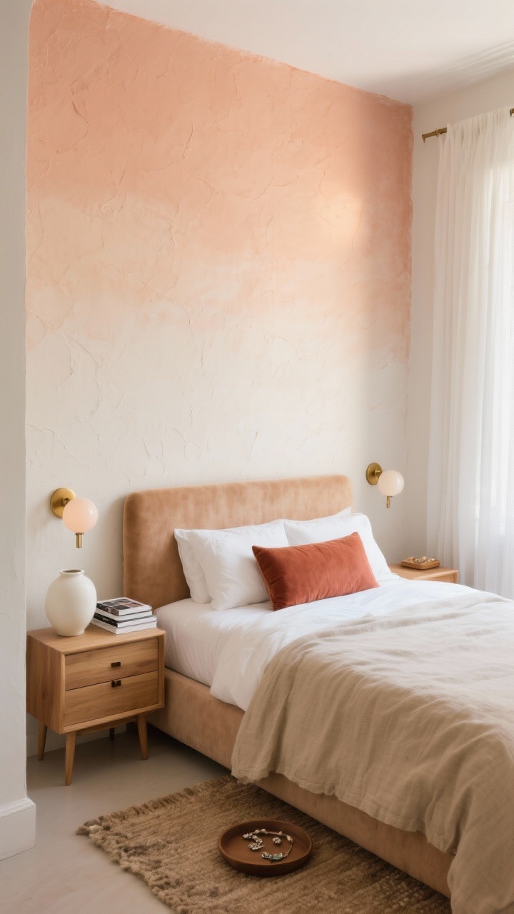 Photorealistic wide bedroom shot, straight-on view: a tiny minimalist bedroom with a hand-troweled soft plaster accent wall behind the bed in a creamy sunrise gradient—pale apricot melting into blush and warm ivory with a matte velvety finish that catches light. Low-profile upholstered bed in warm oatmeal linen with crisp stonewashed white bedding and a single long rust lumbar pillow. Slim oak nightstands with rounded corners and a single drawer on each side. Brass plug-in sconces with opal globes casting a warm wash across the plaster. Gauzy white linen curtains, a nubby wool rug underfoot, and minimal styling: a bone-white ceramic vase, a neat stack of design books, and a small jewelry tray. Palette of apricot, blush, ivory, oatmeal, warm oak. Soft morning light, calm luxurious mood, no people.