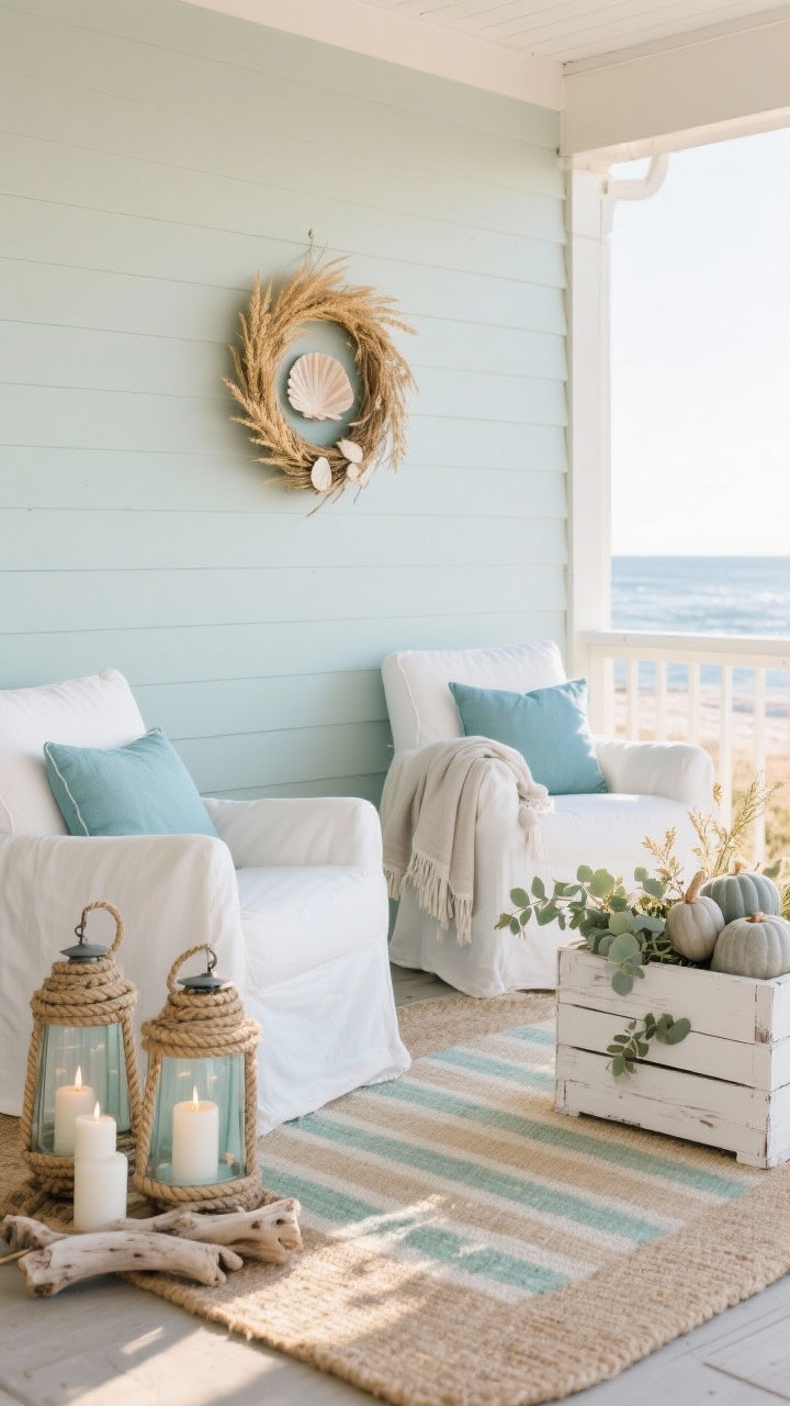 Photorealistic wide coastal porch view, straight-on: a sand-colored striped rug sits beneath white slipcovered chairs accented with sea-glass blue pillows; rope-handled lanterns filled with white candles and pale driftwood pieces glow warmly; a whitewashed crate holds sage and pale gray gourds mixed with eucalyptus and sea oats; a light linen throw drapes over one armrest; a shell-accented wreath with wheat hangs on the wall; colors of sea-glass blue, sage, sand, white, pale gray; materials of linen, rope, whitewashed wood, driftwood; breezy late-afternoon light; no people.