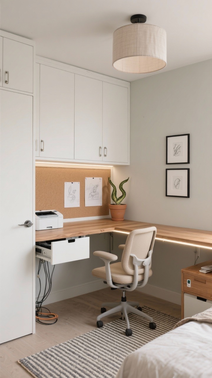 Photorealistic wide corner angle, storage-rich corner command station: compact L-shaped desk running along two walls opposite the door, natural oak desktop with rounded edges, file pedestal; upper cabinets with push-latch white fronts reading as sleek built-ins; soft greige painted walls; upholstered ergonomic chair in oatmeal; corkboard panel inserted between desk runs with neatly pinned sketches; slide-out printer shelf partially extended; cable raceways hiding wires; narrow nightstand with integrated USB on the bed side; under-cabinet LED task lighting illuminating the work surface and a simple linen drum ceiling fixture casting even ambient light; gallery of small black frames with sketches on adjacent wall; striped flatweave rug; terracotta planter with a snake plant. Clean, efficient, custom look. No people.
