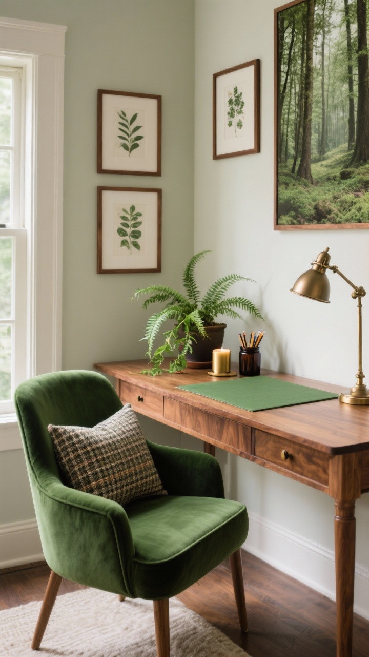 Photorealistic wide corner shot of a forest-inspired study nook: warm walnut desk paired with a deep green velvet chair, green linen desk blotter, brass pencil holder, and a classic banker’s lamp. A small potted fern and trailing pothos add life. On the wall, botanical prints in thin walnut frames; a cedar and clove candle in a dark glass jar sits near a tweed plaid cushion on the chair. Palette of moss green, pine, bronze, and cream, with soft, woodsy, calm lighting, shot from a slight corner angle.