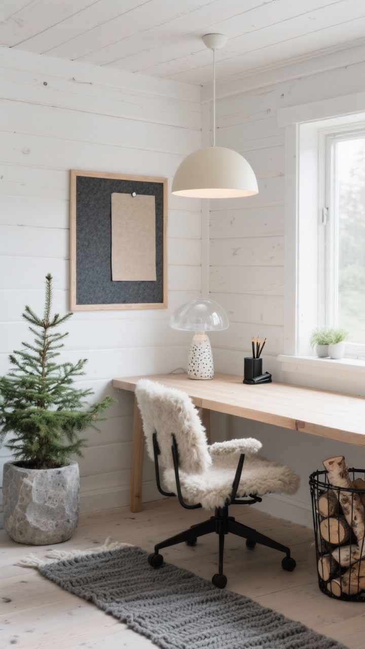 Photorealistic wide corner shot of a Nordic Cabin Corner: misty white walls, bleached ash desk with rounded edges, charcoal felt pinboard framed in light oak above. Shearling-draped task chair, knit wool runner in heather gray, black wire basket with stacked birch logs for texture. Lighting includes a matte cream dome pendant overhead and a small frosted glass mushroom lamp glowing on the desk. Greenery: potted spruce/Norfolk pine in a stone planter. Accents arranged neatly: speckled stoneware pencil cup, matte black stapler, sand-colored linen memo board. Bright, serene, Scandinavian morning light.