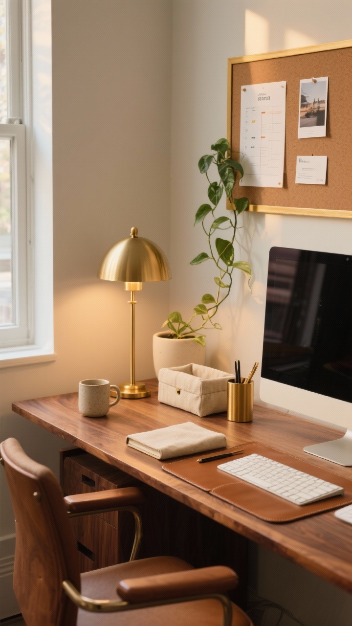 Photorealistic wide corner shot of a warm modern office desk in walnut: rich walnut desk surface with a cognac leather desk pad beneath the keyboard, a slim brushed-brass desk lamp with a dome shade emitting warm 2700–3000K light, small brass accents on a monitor stand and a brass pen cup for cohesion. Accessories in cream and sand tones: linen-wrapped notebook, stoneware mug, fabric-covered cream catchall box. Above the desk, a compact cork board in a brass frame with a few pinned essentials (project timeline, one inspiration photo, a couple business cards). A trailing pothos in a cream planter softens edges. Palette of walnut, cognac, cream, brushed brass; materials wood, leather, linen, brass, ceramic. Cozy, professional mood. Three-quarter angle from the room corner, late-afternoon warm glow.