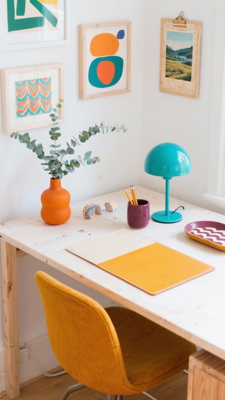 Photorealistic wide creative desk scene: white/pale birch desk with a persimmon or mustard desk chair. Above, a mini gallery of abstract prints plus one quirky vintage landscape. On the desk: a rounded teal lamp, a plum ceramic pencil cup, a wave-edge tray, and a color-blocked leather desk mat in mustard and cream. Eucalyptus stems in a matte orange bud vase and patterned washi tape on a small mood board. Vibrant palette of marigold, persimmon, teal, and plum; bright, energizing natural light, shot from an overhead corner angle.