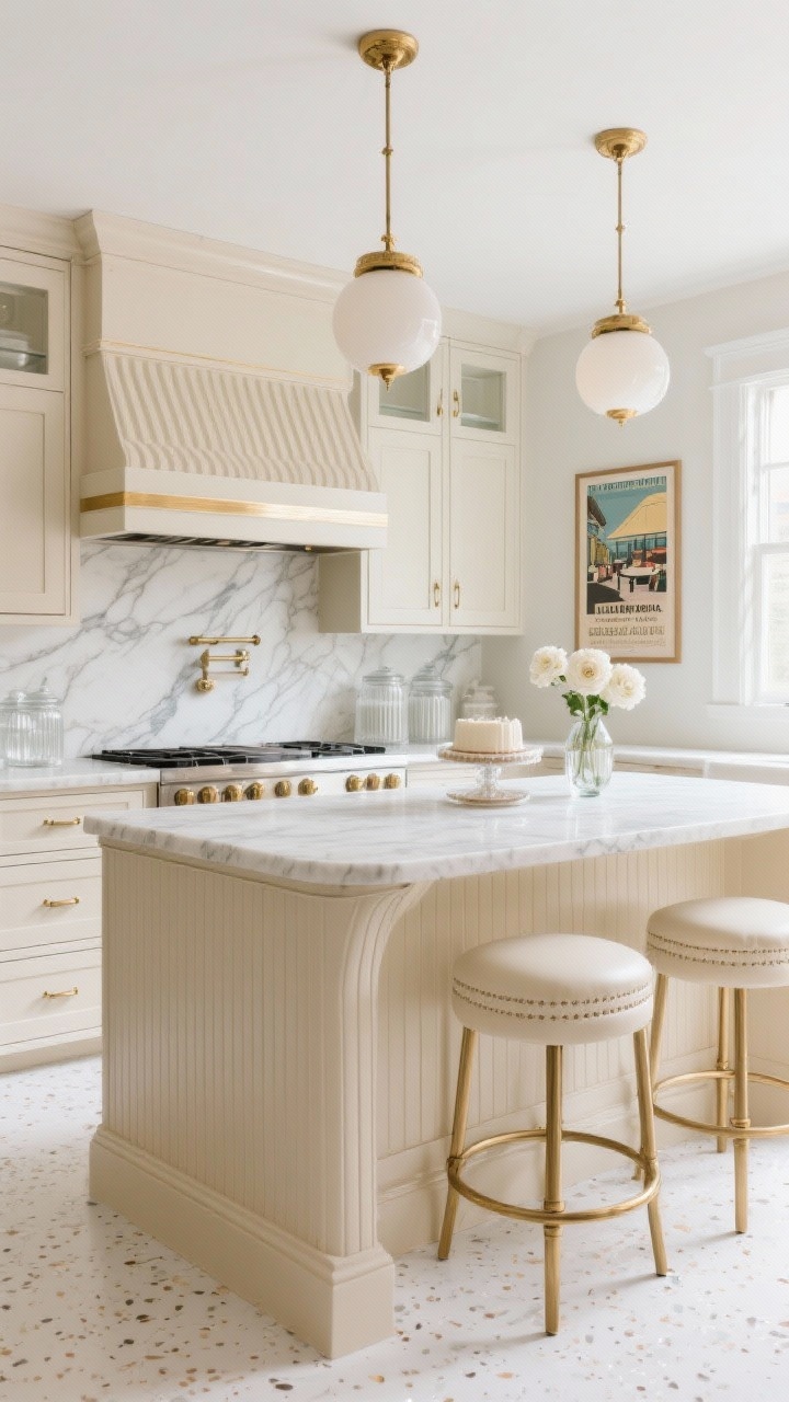 Photorealistic wide kitchen shot, luminous Champagne Deco. Cabinetry in champagne-toned finish with subtle metallic sheen; tall shaker-meets-deco doors featuring slim stepped profiles. Island with fluted paneling and Calacatta-style marble countertops and backsplash with wide dramatic veining, marble waterfall edges. Hardware: brushed brass slender stepped pulls. Over the island: three opal globe pendants with layered brass crowns. Seating: channel-tufted bar stools in cream faux leather with brass-capped legs. Floor: large-format warm white porcelain with faint terrazzo fleck. Above the range, a custom hood with a stepped crown and a slim brass band. Styling: ribbed glass canisters, a smoked-glass cake stand, a petite vase of white ranunculus; open shelves in clear or fluted glass fronts. Walls bright and airy; hang a pair of muted Art Deco poster prints (café scenes, travel ads) on a clear wall. Angle: slight corner perspective with bright natural daylight and pendants on, no people.