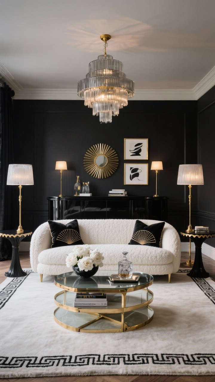 Photorealistic wide living room shot, black-tie Art Deco glamour. Palette: ink black, soft ivory, warm brass with hints of smoked crystal. An ivory bouclé curved sofa faces a brass-and-glass tiered coffee table with sharp geometry. Behind, a black-lacquer media console on tall tapered legs. Walls in deep charcoal eggshell sheen; off-white wool rug with a thin black Greek-key border. Overhead, a smoked-glass stepped chandelier; flanking the sofa, twin brass torchère lamps with frosted shades. Deco motifs: fan-pattern velvet pillows, a slim-rayed brass sunburst mirror, monochrome abstract prints in thin brass frames, and a pair of black pedestal side tables with scalloped edges. Styled with a low bowl of white peonies, fashion books, and a smoked crystal decanter on a mirrored tray. Angle: straight-on, evening ambient glow with chandelier and lamps on, no people.