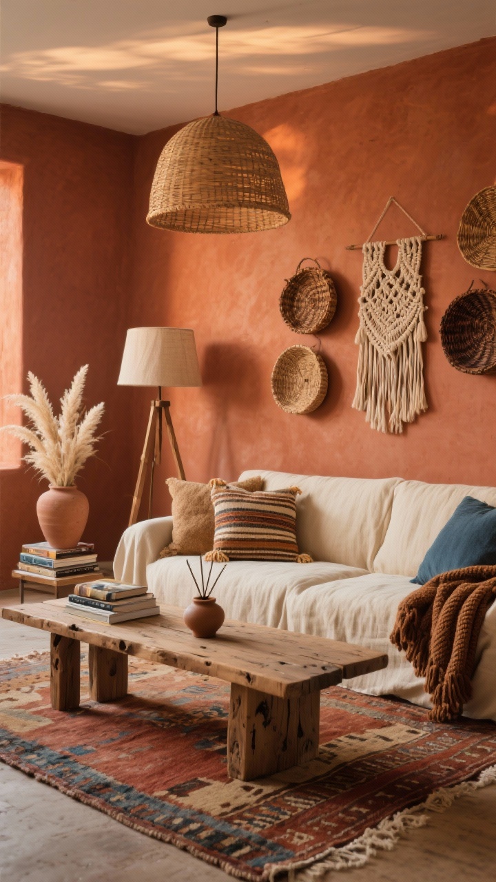 Photorealistic wide living room shot in warm evening light: a terracotta accent wall behind a low, cream-oat linen slipcovered sofa; vintage kilim rug with rust, camel, and faded indigo anchoring the floor; chunky reclaimed wood coffee table and a slim raw-wood console showing knots and grain; pillows in nubby bouclé, handwoven stripes, and tassels, plus a cinnamon knit throw; rattan dome pendant overhead and a tripod floor lamp with a linen shade casting soft glow; pampas grass in a clay vase, stacked travel books, a ceramic incense holder on the coffee table; gallery of woven baskets and a single macramé wall hanging on the wall; palette of terracotta, camel, cream, faded indigo, espresso wood; no people.