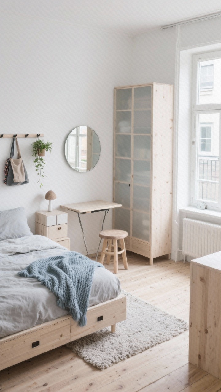 Photorealistic wide overhead angle of a Scandinavian serene small bedroom flowing to a compact balcony. Soft white satin-finish walls bouncing light; pale birch slat-wood platform bed with built-in drawers. Stone-washed cotton bedding in light gray and a dusty blue knitted throw. Wall-mounted cube-shelf nightstands with small mushroom lamps; peg rail along one wall holding a bag, scarf, and a hanging plant. Tall birch wardrobe with opaque polycarbonate doors. Light oak floor with a small boucle rug for texture. A frameless round mirror above a floating console reflecting balcony light. On the balcony: a slender wall-attached fold-down table and two stackable stools. Clean, airy, quiet atmosphere.