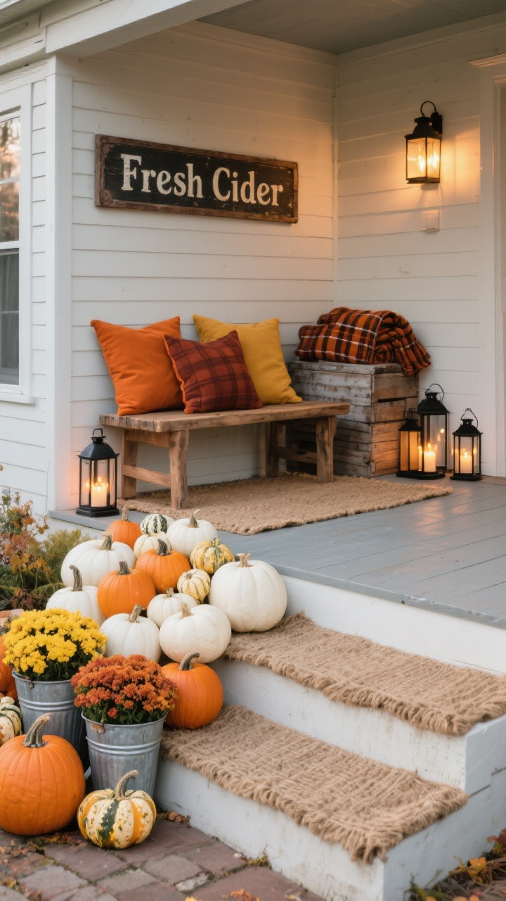 Photorealistic wide porch scene, straight-on view: a natural wood bench topped with burnt-orange and deep mustard pillows sits on a chunky jute rug; steps are lined with a cascade of white and heirloom pumpkins mixed with galvanized buckets overflowing with mums; a vintage-style “Fresh Cider” sign leans against the wall beside a weathered wooden crate filled with folded plaid throws; a trio of simple black lanterns with flickering LED candles adds warm evening glow; color palette of warm oranges, mustard, cream, and natural wood; materials include jute, galvanized metal, and weathered wood; no people.