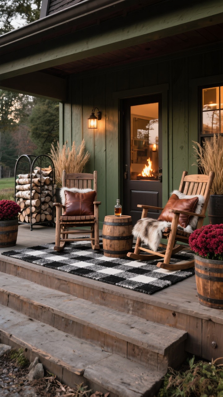 Photorealistic wide porch shot, slightly angled from the steps: a black-and-ivory buffalo check rug grounds a pair of sturdy wood rocking chairs layered with fur-trimmed throws and leather pillows; a whiskey-barrel side table sits between; the doorway is flanked by barrel planters stuffed with bronze grasses and maroon mums; a metal firewood rack with neatly stacked birch logs adds lodge character; rich tones of espresso, ivory, oxblood, and pine green; materials of rough wood, leather, wool, and metal; warm, firelight-like evening ambience; no people.