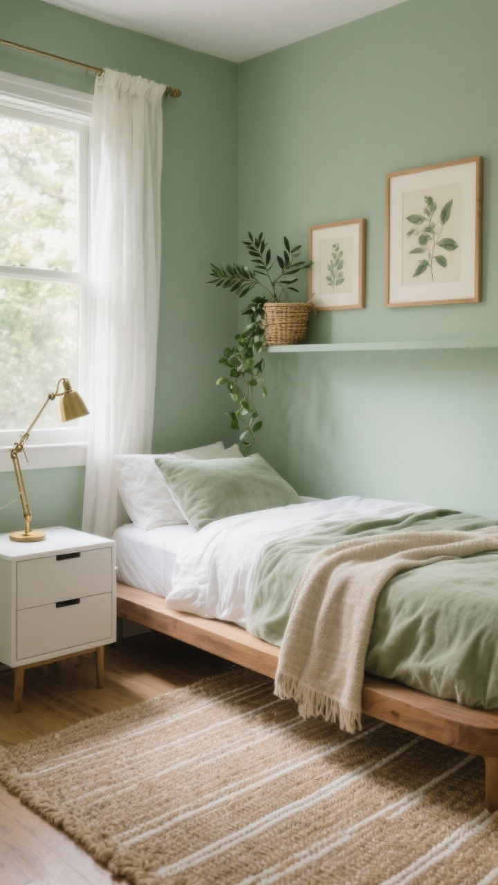 Photorealistic wide room shot of a small bedroom painted soft sage green with velvety, light-diffusing finish in morning light; matte oak platform bed with rounded corners, floating white oak nightstand, narrow slatted-front dresser; crisp white percale sheets, light sage linen duvet, nubby oatmeal throw; low-pile jute-blend rug with thin ivory stripes elongating the floor; brass swing-arm sconces, sheer off-white curtains skimming the floor; trailing pothos on a floating shelf and a small olive tree in a woven basket; muted botanical art with cream mats and wood frames; airy, spa-like, natural textures, no people, corner angle to catch window glow.