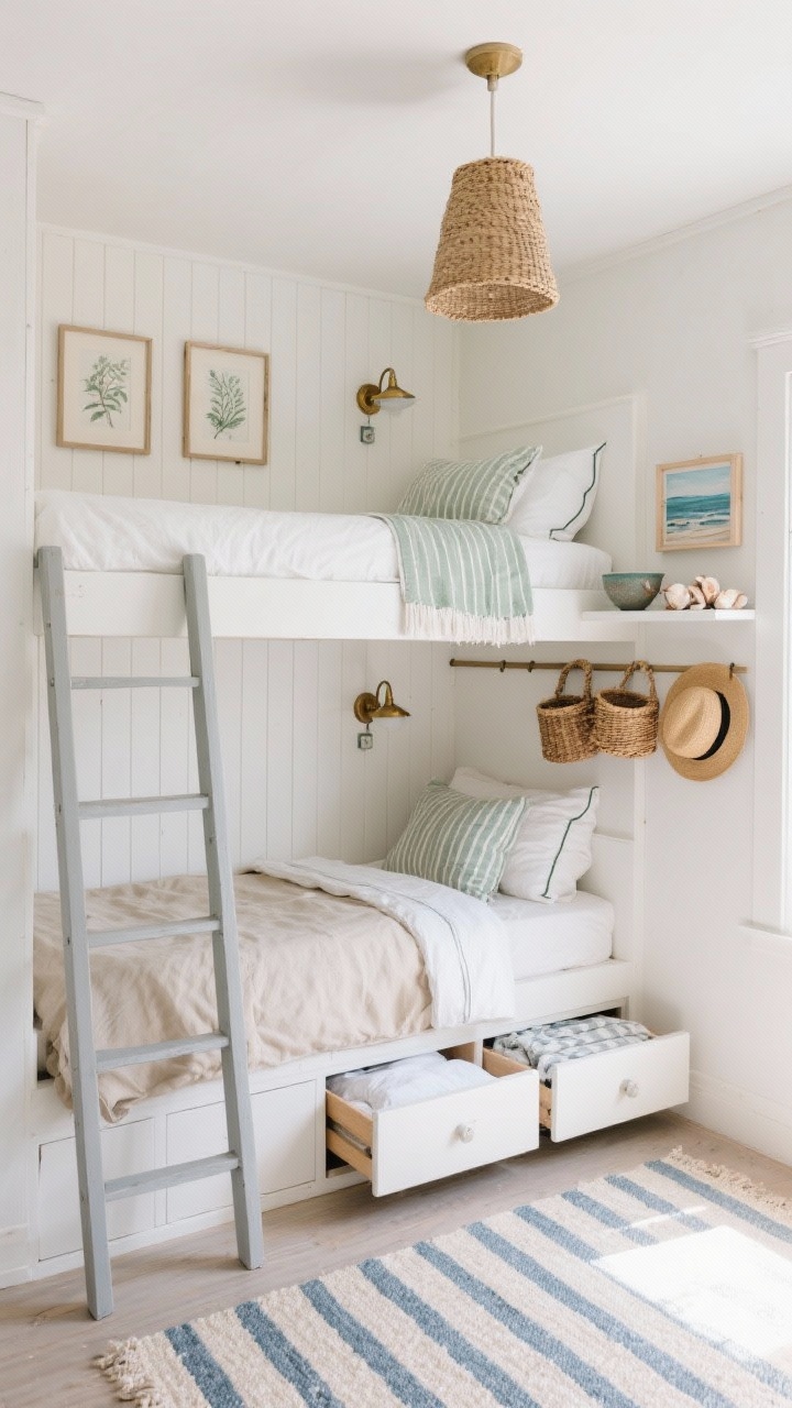 Photorealistic wide room shot of a tiny coastal bedroom with built-in whitewashed bunk beds wrapped in tongue-and-groove paneling, slim pale-gray leaning ladder, chalky white walls in a whispery warm white. Lower bunk styled with a soft sand linen duvet; top bunk with crisp white bedding and a jade-striped throw, pillows with subtle piping. Nautical-but-subtle lighting: matte brass reading sconces with tiny toggle switches at each bunk, and a compact woven jute pendant overhead. Deep roll-out drawers under the lower bunk slightly open, revealing neatly folded bedding. Floor has a flatweave rug in faded blue stripes elongating the space. Decor details: framed botanical prints in bleached wood, small seascape leaning on a shelf, ceramic bowl of shells. A narrow peg rail with woven baskets and sun hats runs along one wall. Serene, airy beach-cottage mood, corner angle perspective with soft natural daylight.