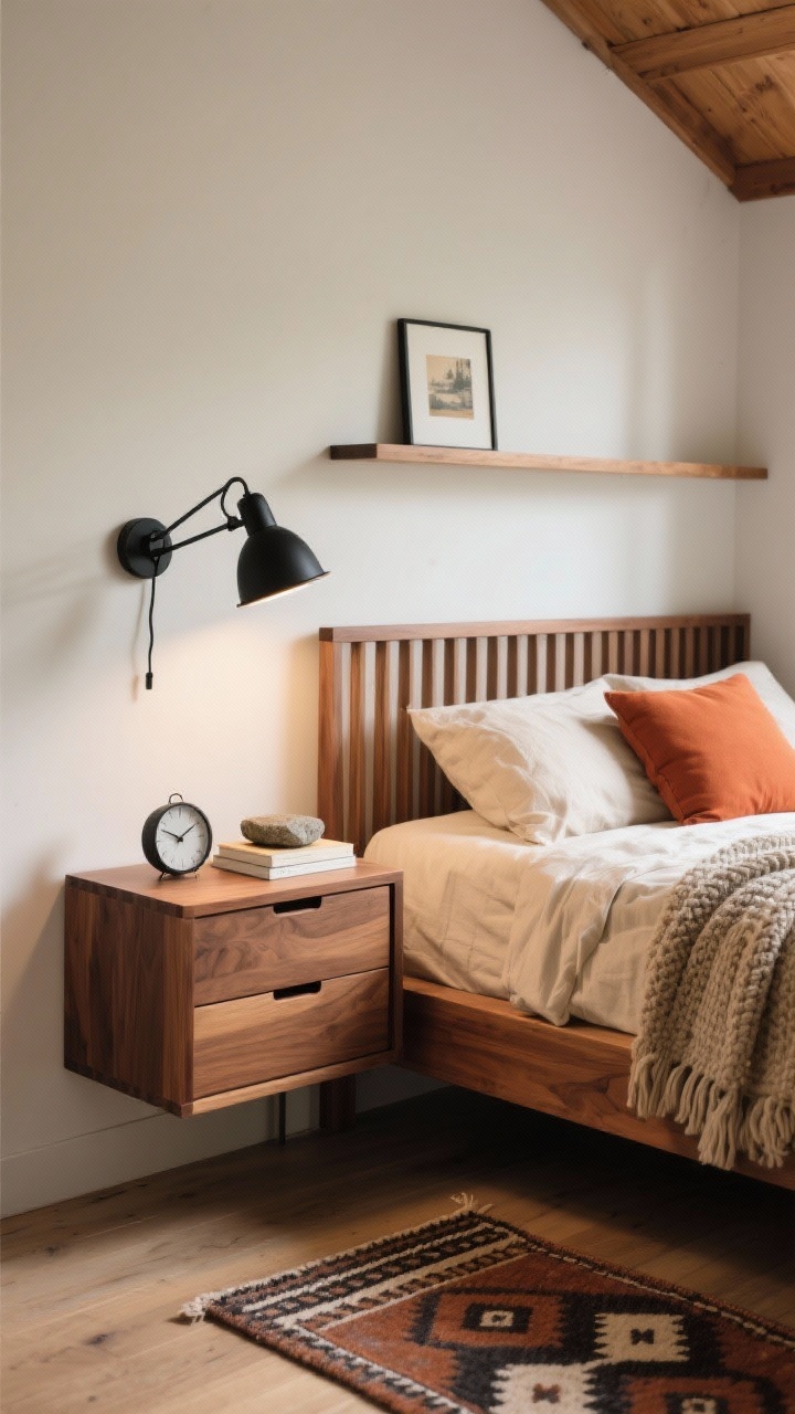 Photorealistic wide shot, angled from the foot of the bed: A cabin-modern small bedroom featuring a wall-mounted cube nightstand in walnut with a soft-close drawer floating beside a simple wood platform bed with a low slatted headboard. Palette of warm walnut, matte black, cream, and a hit of terracotta. On the cube: a small clock, a book, and a stone coaster. Above, a black powder-coated swing-arm sconce aimed for reading. A narrow ledge above the headboard displays a tiny framed print. Textiles: cotton-linen sheets in cream, a chunky knit throw, and a terracotta lumbar pillow. Floor features a geometric kilim runner. Natural daylight mixed with sconce illumination; grounded, tactile, timeless mood. No people.
