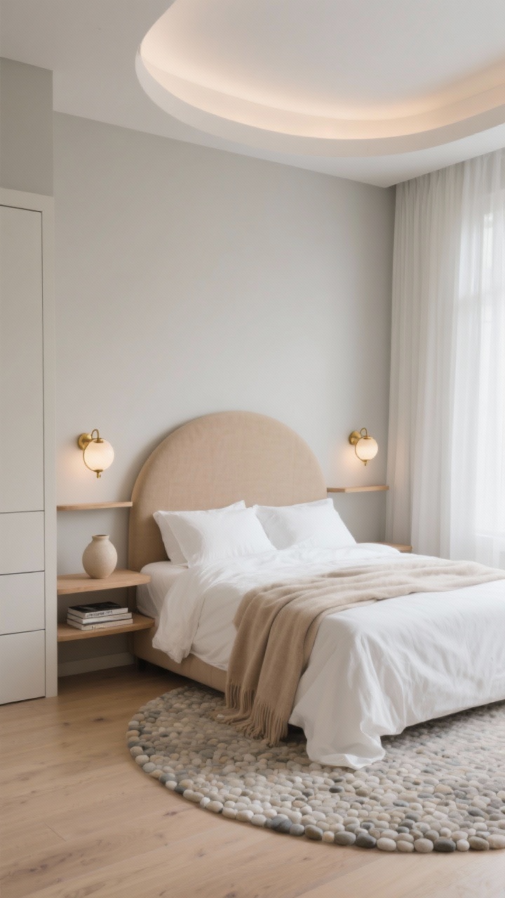 Photorealistic wide shot, Cloud-Luxe Minimalist small bedroom: a low-profile king bed with a rounded upholstered headboard in warm oatmeal linen, layered bedding of crisp white percale, gauzy ivory coverlet, plush oatmeal throw at the foot. Walls in soft greige with a slightly lighter ceiling; pale oak floor (or pale oak-look rug). Slim white oak wall-mounted shelves used as nightstands overlapping the bed edge, topped with a single ceramic vase and tiny stack of books on a shallow wall-to-wall ledge behind the headboard. Small brass-accent globe sconces above each shelf, dimmed for evening glow. Sheer white ceiling-height curtains elongating the walls; round pebble-textured rug hugging the bed’s front feet. Built-in closet with slab doors painted to match walls; no dresser. Ethereal, uncluttered mood, soft ambient light.