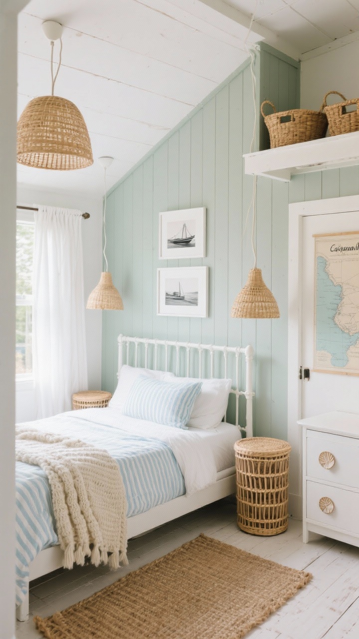 Photorealistic wide shot, Coastal Capsule Retreat. Soft white, sea-glass green, and sandy blonde wood palette. White-painted spindle bed with high headboard, dressed in a pale blue and white striped duvet, crisp cotton sheets, and a chunky oat knit throw. Pair of rattan drum tables as nightstands. Woven rattan pendants hanging from the ceiling on both sides of the bed with neatly routed cords. White café curtains on the window for bright daylight privacy. Vertical shiplap accent wall behind the bed painted whispery gray-green. Storage details: lofted shelf above the door with baskets, and a low-profile white dresser with shell-shaped knobs. Whitewashed plank flooring with a flat-weave jute rug extending beyond the bed. Art: framed vintage coastal maps or black-and-white boat photos in thin white frames (two to three pieces). Mood: airy, sunlit, unfussy beach rental vibe. Perspective: slightly elevated corner angle to capture pendants and loft shelf.